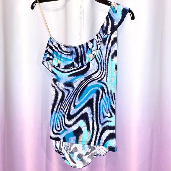 Fiona & Purple Y2K One Shoulder Blue & Black Top Size Large - Picture 2 of 6
